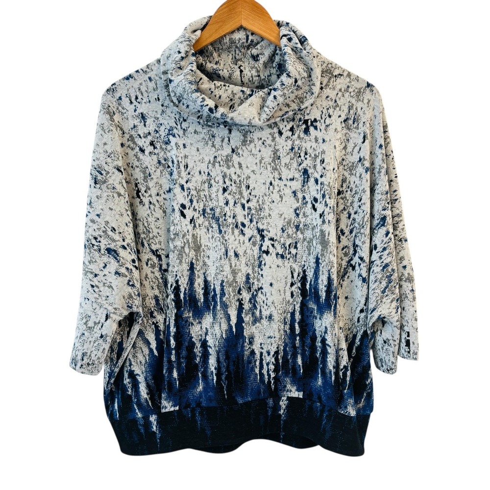Dolcezza Cowl Neck Tunic Top Womens‎ S Blue Gray Abstract 3/4 Sleeve Art to Wear